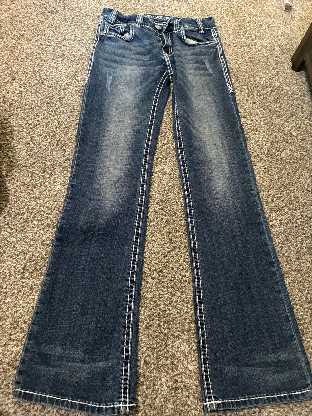 Women’s Dark Blue Flared Wide-Leg Jeans with Contrast Stitching